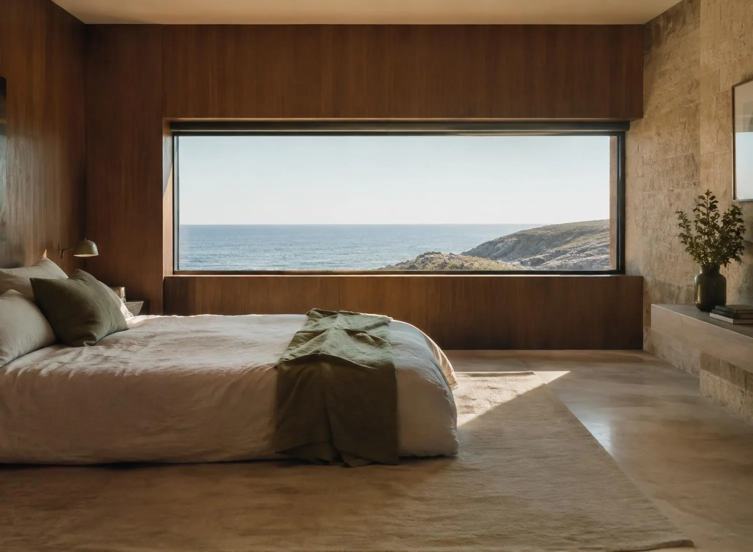 Oak bedroom with long horizontal sea window