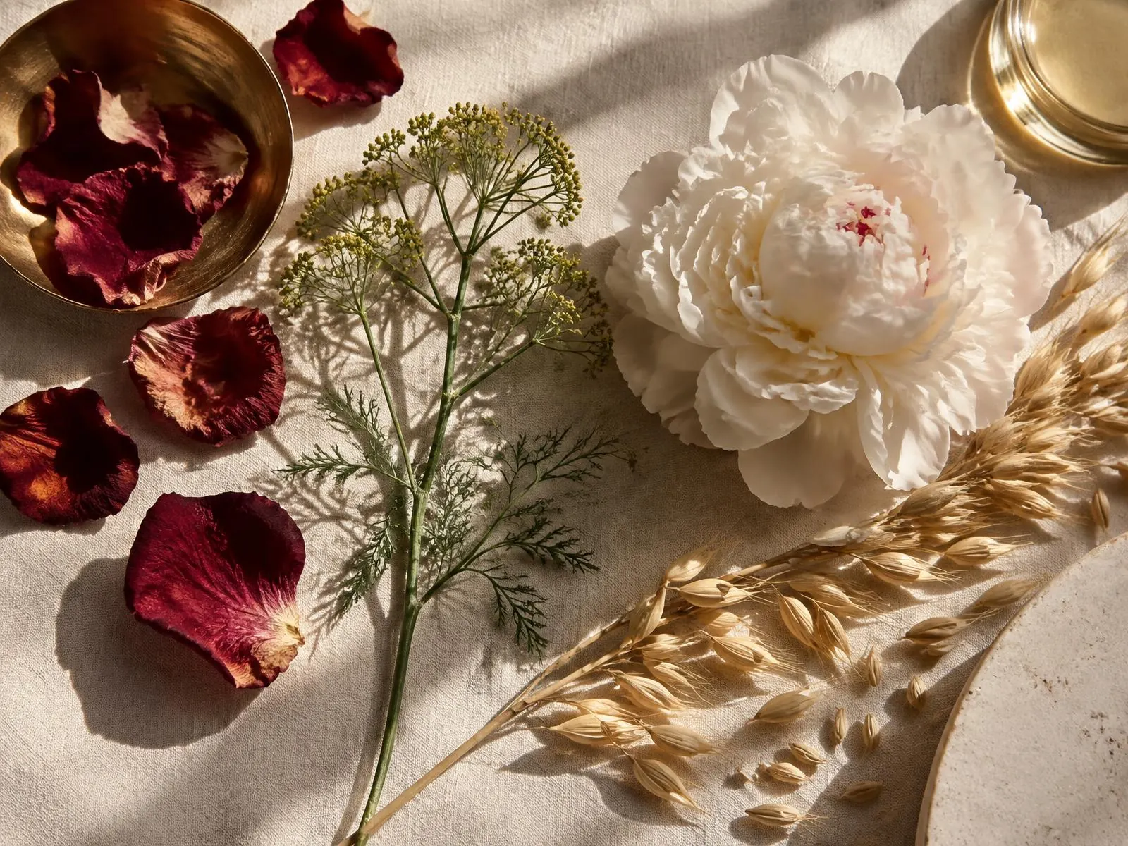 Dried rose petals, sea fennel, white peony and oat stalks on linen