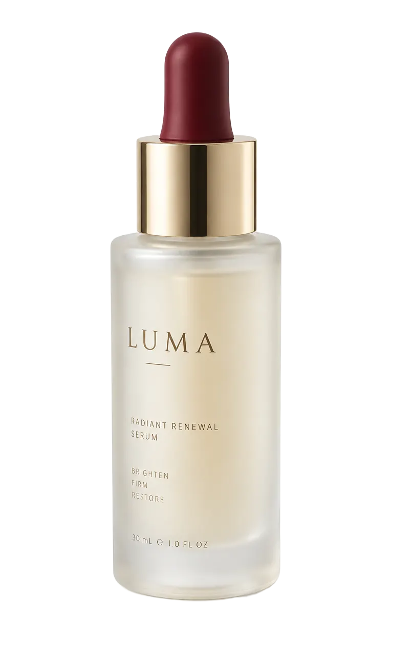 LUMA Radiant Renewal Serum, frosted glass bottle with oxblood dropper