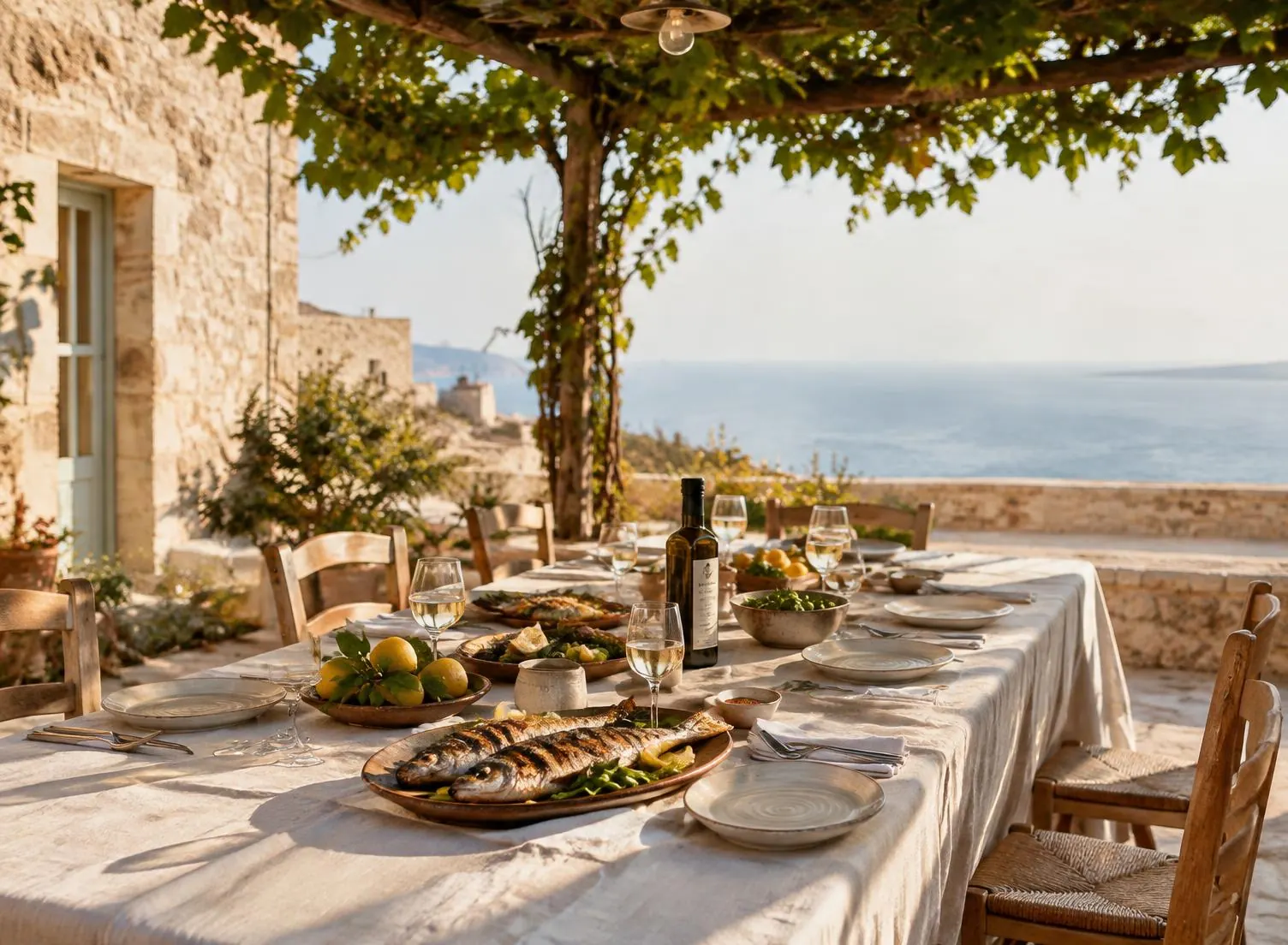 Long table under the vine pergola with grilled fish