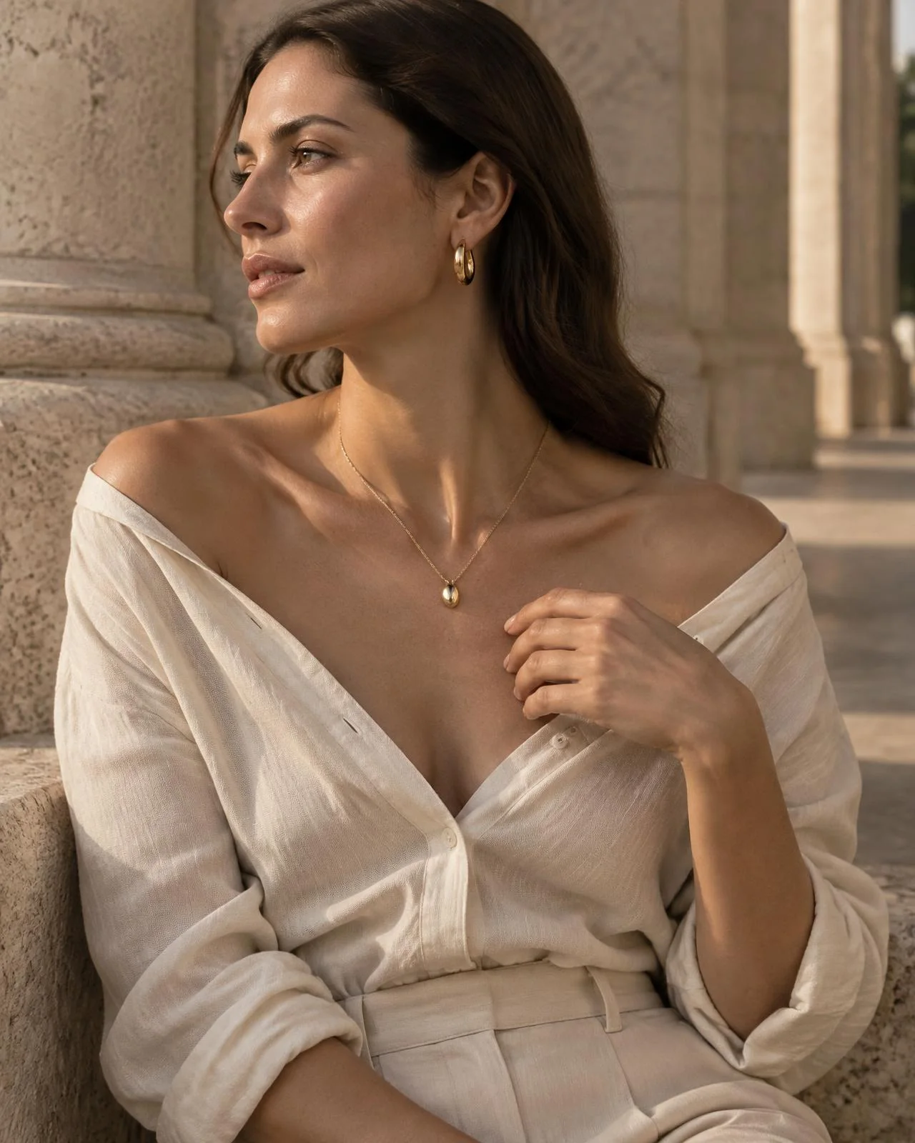 Woman wearing Petal Hoops and the Pebble Pendant in warm afternoon light
