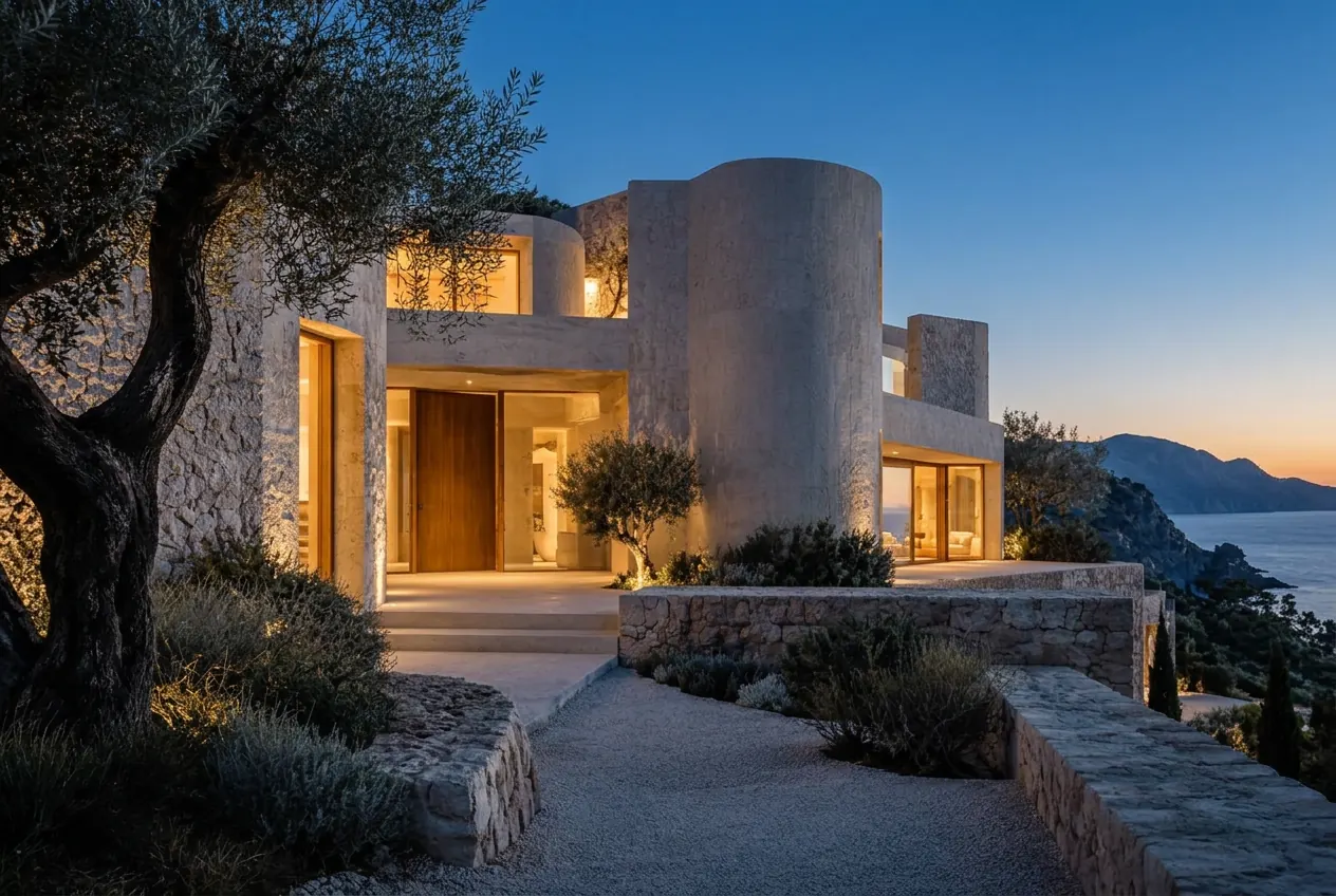 Same exterior at dusk with lights on