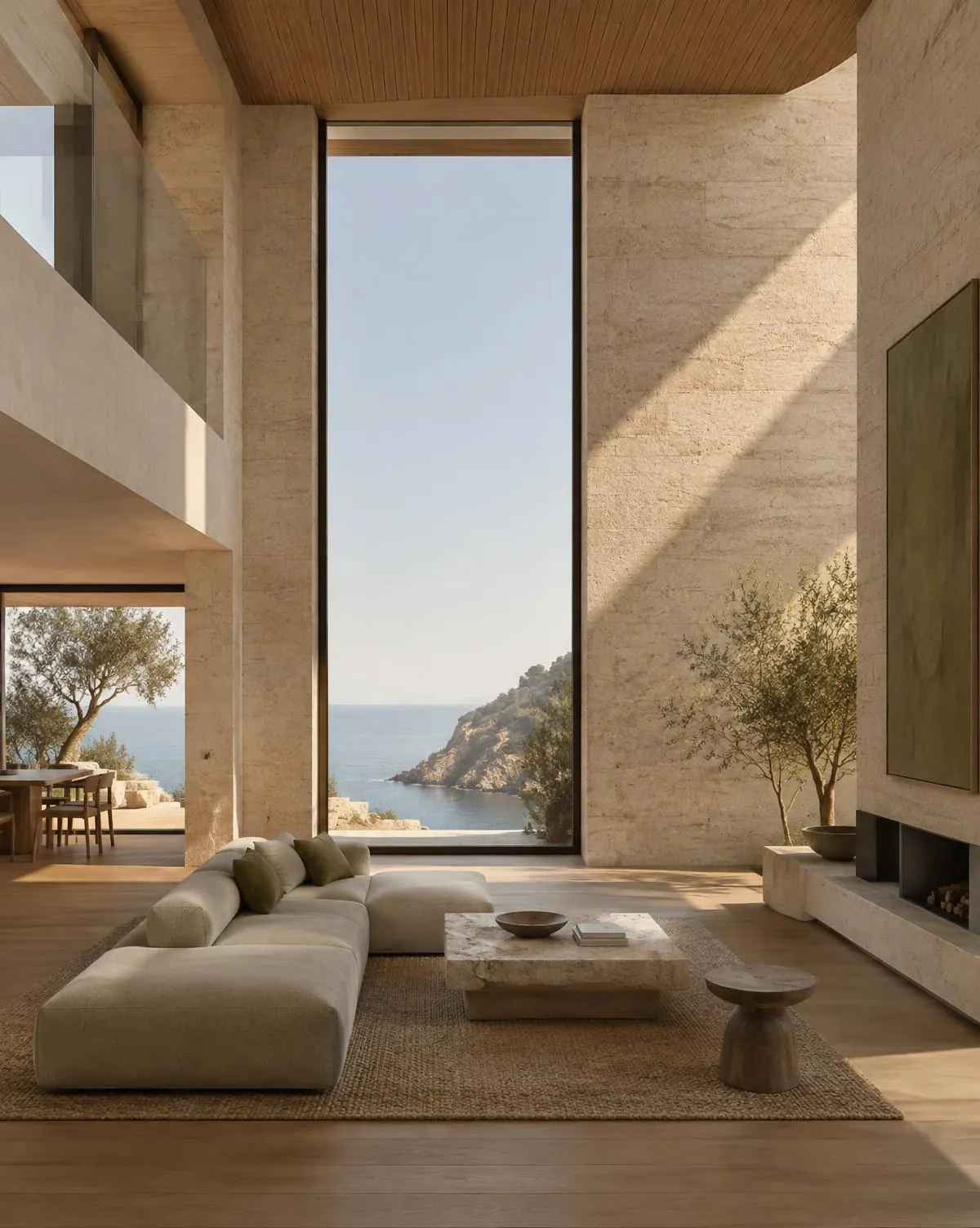 Double-height living room with tall sea window