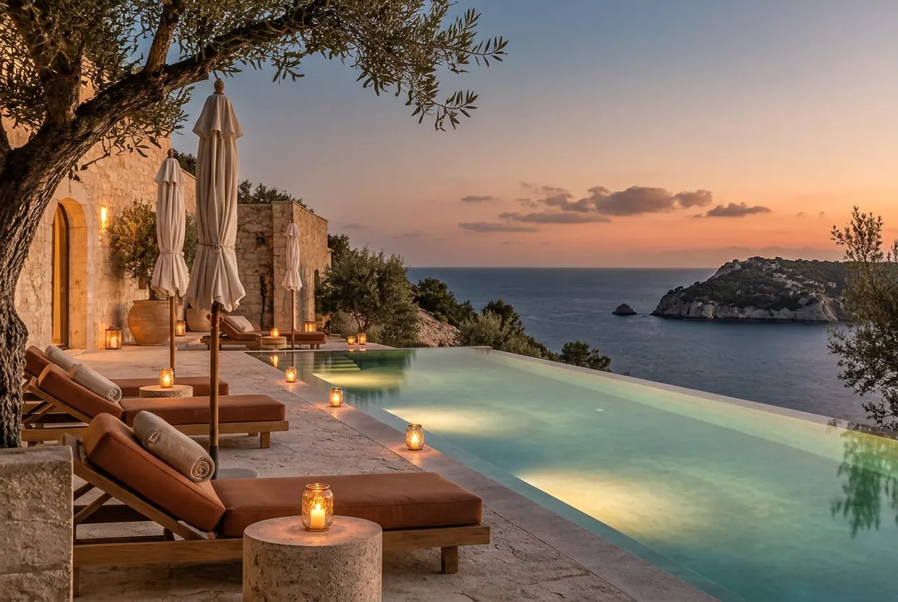 Same pool terrace in the evening with candles