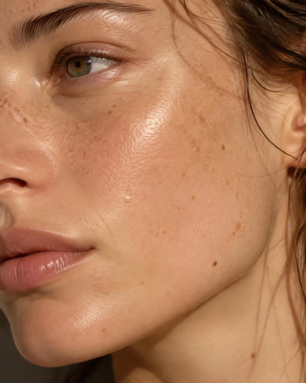 Close-up of natural skin texture with freckles in warm light