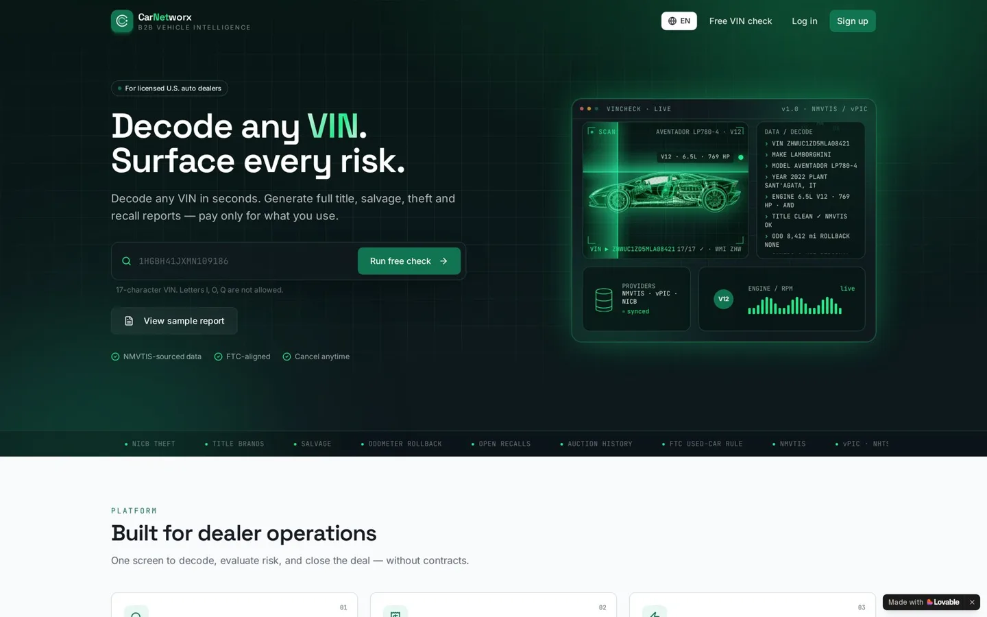 VINCheck Dealer Pro website — SaaS · Automotive