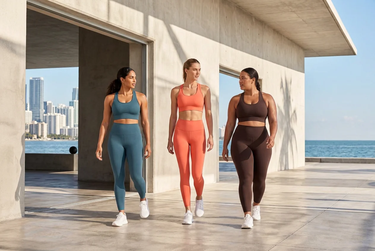 Three athletes in the coordinated VYRA collection on the Miami coast